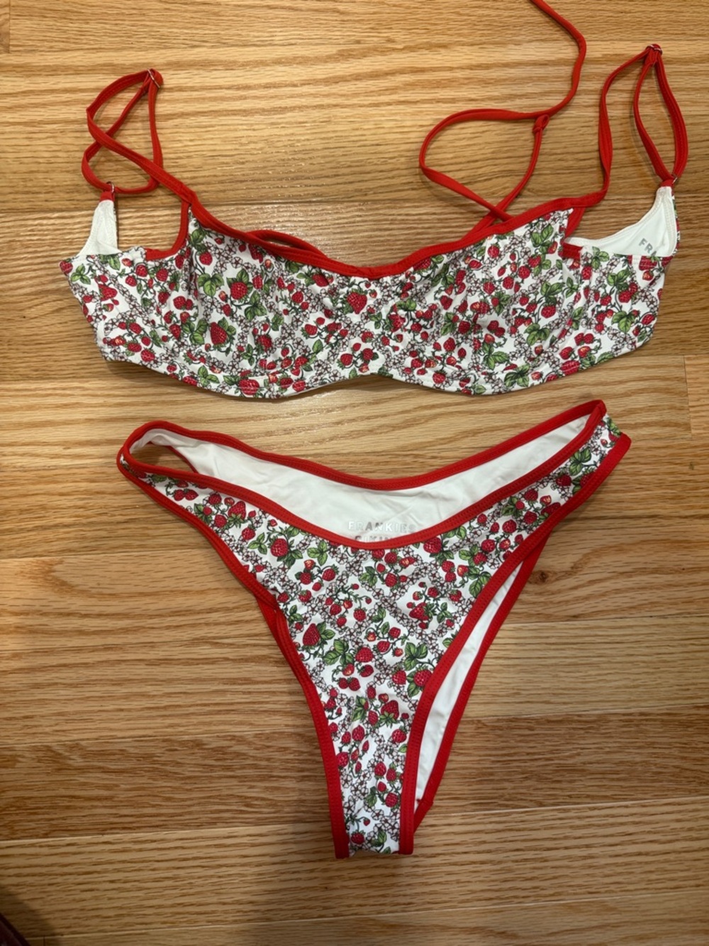 Frankie's Bikinis White Strawberry Print with Red Trim